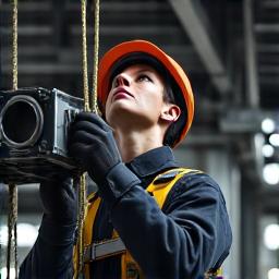 Portrait of a rigging specialist checking equipment high above a venue