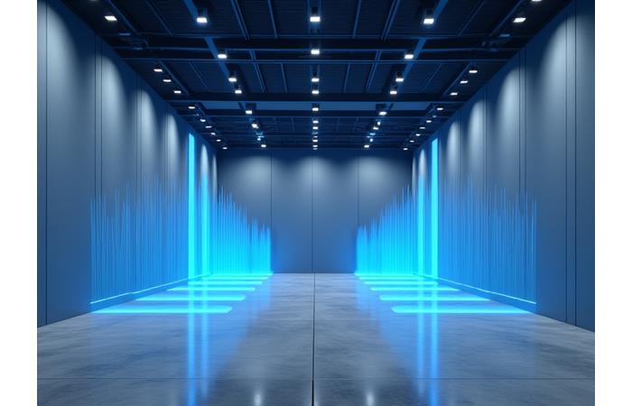 Technical diagram illustrating sound wave dispersion and acoustic panel placement in a warehouse