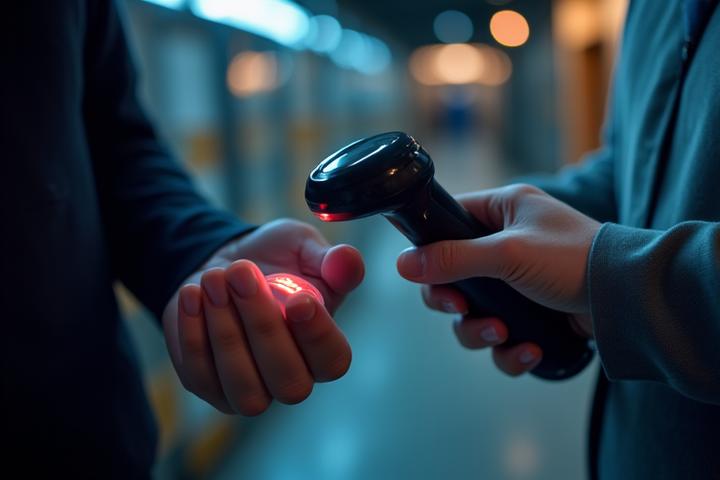 Close-up of an RFID wristband being scanned at a dimly lit warehouse entrance