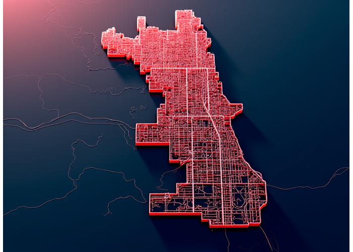 Stylized map of Chicago highlighting key neighborhoods for underground venues