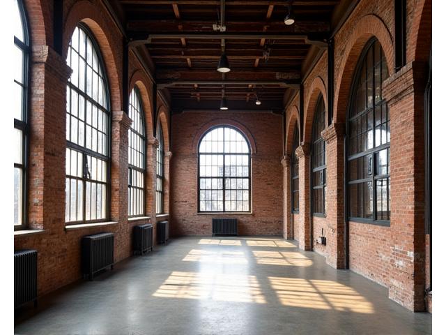 Converted River North factory interior with exposed beams and large windows