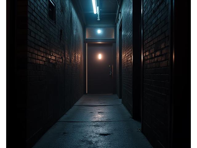 Atmospheric secret pop-up location entrance, dimly lit with neon accents