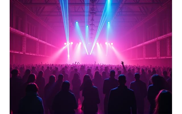 A large crowd enjoying a techno event in a spacious warehouse