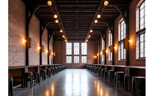 Interior of a historic factory with intricate ironwork and modern lighting