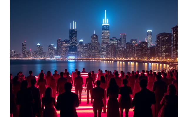 Rooftop party overlooking the Chicago skyline at night with neon lights